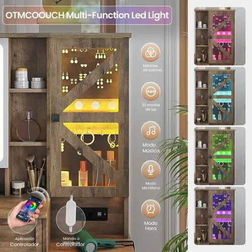 Miniatura 5 de AOGLLATI Escritorio de tocador de granja con espejo y luces, juego de tocador de maquillaje con luces, armario de joyería y 5 cajones, mesa