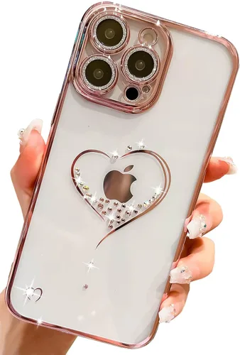 Miniatura 15 de Bling Glitter Heart compatible con iPhone 13 Pro de 6.1 pulgadas, bonito protector de cámara completo brillante para mujer, funda de teléfono Oro