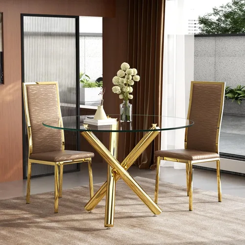 Miniatura 28 de Moderno juego de mesa redonda de cristal para 2, juego de mesa de cocina de círculo pequeño de 36 pulgadas con 2 sillas de comedor de piel sintética