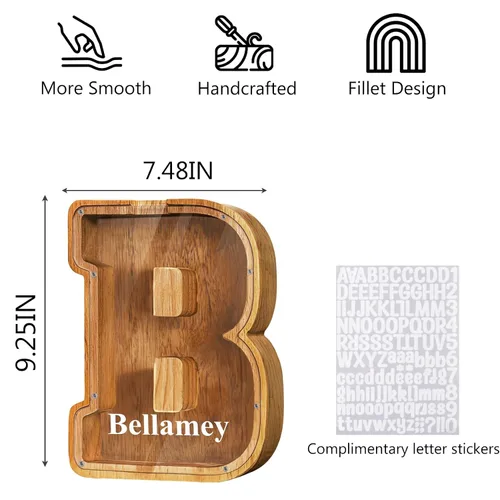 Miniatura 4 de Alcancía de madera grande personalizada con letras – Alcancía de letras para niños y niñas, regalo de cumpleaños (A)