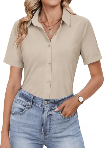 HOTOUCH Camisas con botones para mujer, camisas de vestir de manga corta, blusas casuales de negocios, blusa de trabajo de oficina