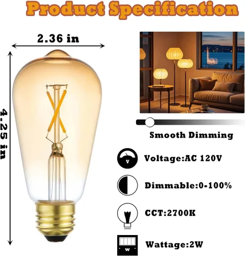 Miniatura 2 de Bombillas LED, bombilla vintage regulable, equivalente a 25 W, bombillas de filamento E26, bombillas de vidrio ámbar antiguo ST19, blanco cálido