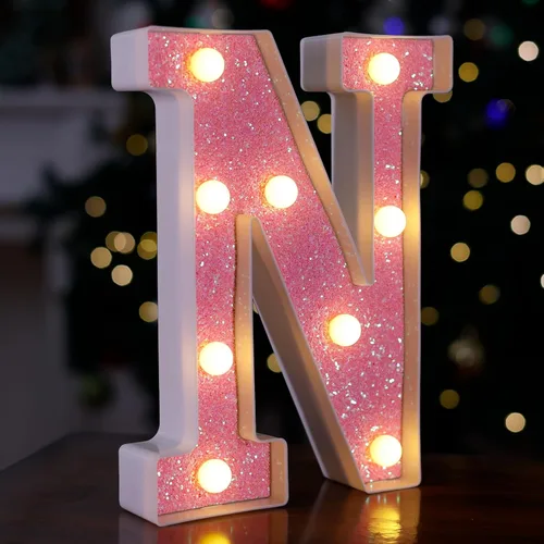 Miniatura 14 de Letras con luces LED, letras de marquesina con brillantina rosa, letras del alfabeto, letreros iluminados por pilas, para decoración de fiestas