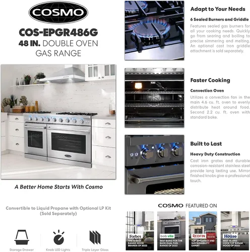 Miniatura 3 de COSMO COS-EPGR244 24 pulgadas Haven Collection 3.73 pies cúbicos Cocina de gas con 4 quemadores sellados, rejillas de hierro fundido, horno