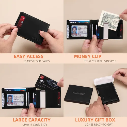 Miniatura 63 de RUNBOX - Carteras delgadas para hombre, cartera de piel con pinza para el dinero, cartera de bolsillo frontal con bloqueo RFID, tarjetero