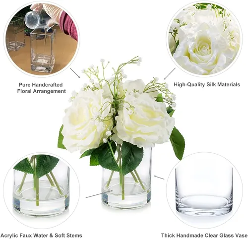 Miniatura 3 de ENOVA FLORAL Flores artificiales de rosa de seda grandes en jarrón, rosas falsas blancas con jarrón y agua sintética para centros de mesa de boda
