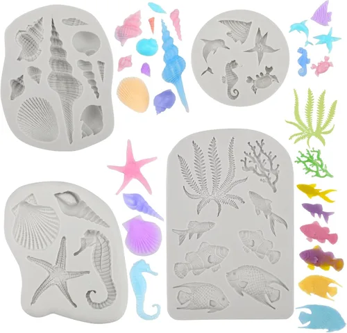 Miniatura 13 de Beasea Molde de fondant para pastel de sirena, 3 piezas de caballito de mar, estrella de mar, cola de sirena, molde de silicona para conchas