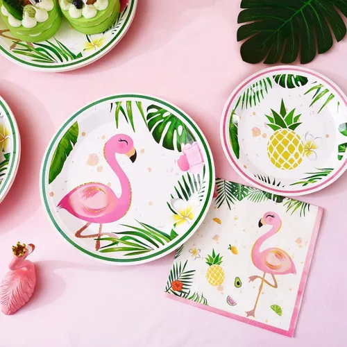 Miniatura 3 de WERNNSAI Decoraciones de fiesta de flamencos, 48 platos hawaianos y servilletas con temática de flamencos de verano, platos y servilletas tropicales