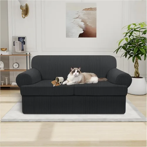 Miniatura 52 de Funda impermeable para silla con brazos, juego de 2 piezas, funda a rayas para 1 sofá separado con cojín en T, fundas de sillón de tela
