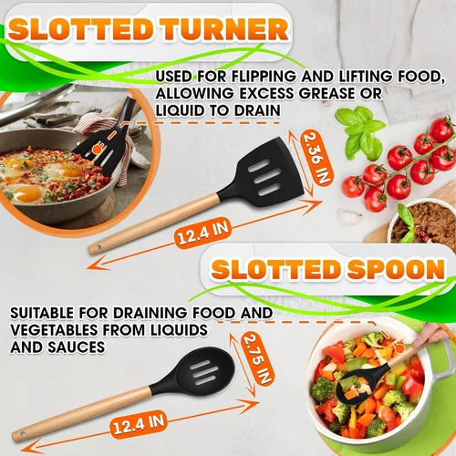 Miniatura 6 de Juego de 14 utensilios de cocina de silicona negra con soporte, utensilios de cocina versátiles con asas de madera resistentes, juego de utensilios