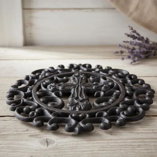 Miniatura 7 de Comfy Hour Salvamanteles decorativos de hierro fundido con cruz redonda de 9 pulgadas, soporte religioso para ollas calientes para cocina, soporte