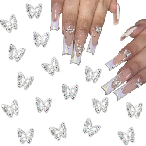 24 dijes de mariposa para arte de uñas, aleación 3D, plateados, con diamantes de imitación, suministros de arte de uñas, gemas de uñas brillantes,