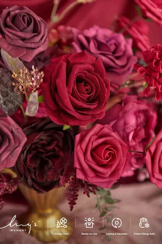 Miniatura 3 de Ling's moment Caja de flores artificiales, tallos de follaje artificial, rosas de espuma, bayas, peonía de seda, eucalipto, flor de tela