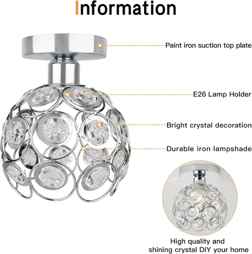 Miniatura 9 de Lámpara de araña mini plateada, lámpara de techo de cristal, luces de pasillo semiempotradas, pequeñas cubiertas de lámpara de araña de metal hechas