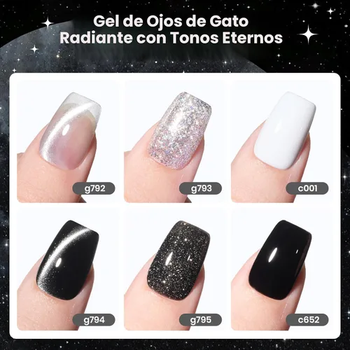 Miniatura 3 de Beetles - Juego de esmaltes de gel blanco y negro, 6 colores plateados, ojo de gato, purpurina brillante con imán, arte de uñas UV LED, hogar, salón