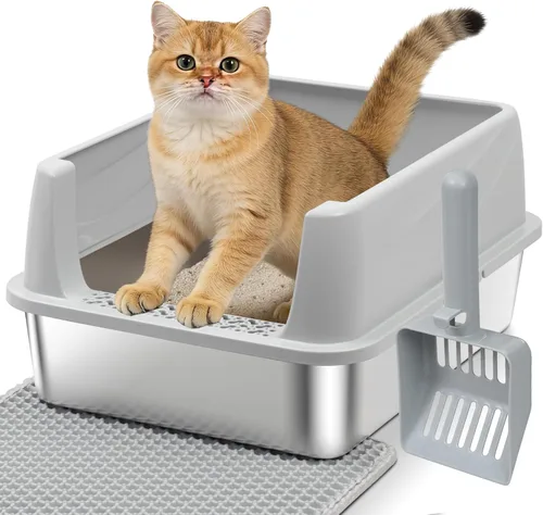 Miniatura 7 de Paquete de 2 cajas de arena para gatos de acero inoxidable con tapa, litterox extra grande para gatos grandes con lado alto, antiadherente, fácil