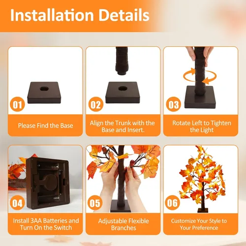 Miniatura 5 de Joyhalo Paquete de 2 Árboles de Otoño de 23.5 Pulgadas con Luces, Temporizador a Pilas, Árbol Iluminado de Otoño para Acción de Gracias