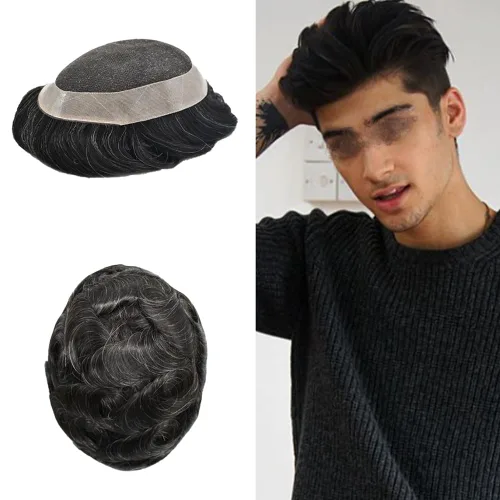 Miniatura 29 de Toupee - Sistema de reemplazo de cabello humano para hombre, encaje mono fino, tupé, piel de poliéster NPU alrededor de la pieza duradera