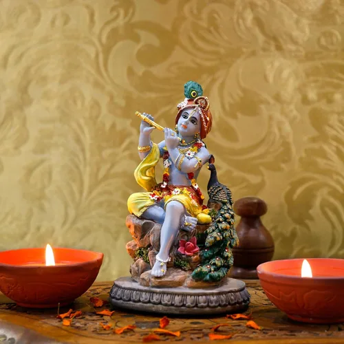 Miniatura 3 de alikiki Estatua hindú de Krishna de Dios Krishna – 5.5 pulgadas de alto indio Señor Krishna ídolo toca la flauta con artículo Murti pavo real Murti
