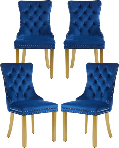 Miniatura 30 de Juego de 2 sillas de comedor de terciopelo, silla de comedor tapizada de alta gama con tirador de anillo en la espalda, adorno de clavos y patas