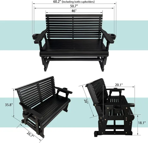Miniatura 2 de Hamaca de patio Fortune Candy con portavasos, alta parte posterior enrollada y asiento perfilado profundo, resistente de 800 libras (Negro, 2 plazas)