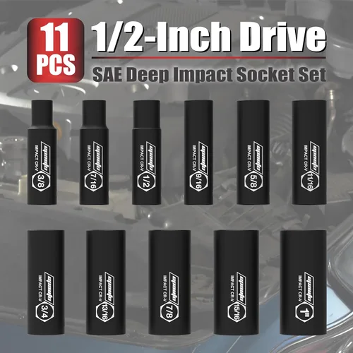 Miniatura 3 de EPAuto Juego de llaves de vaso SAE de impacto profundo de 1/2 pulgada, Cr-V, 6 puntos, 11 llaves de vaso
