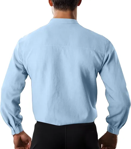 Miniatura 2 de Camisa de manga larga para hombre, sin cuello, ligera, transpirable, Guayabera Cuba camisa con botones para la playa Azul-cielo