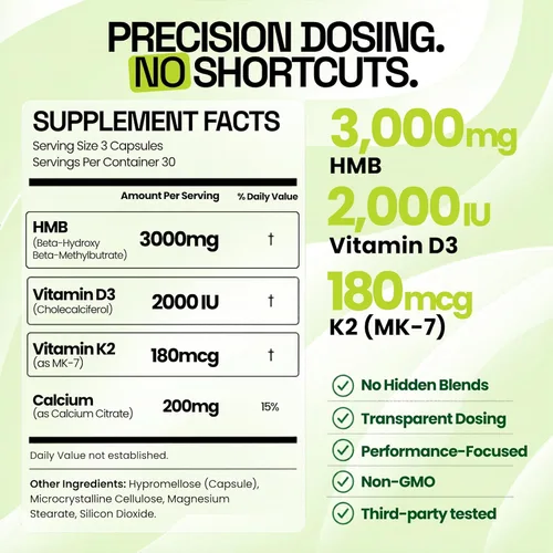 Miniatura 3 de Suplemento de HMB y vitamina D3 de 1,000 mg (180 cápsulas) – Suplementos de HMB con 4,000 UI de D3 y calcio – Crecimiento muscular, fuerza