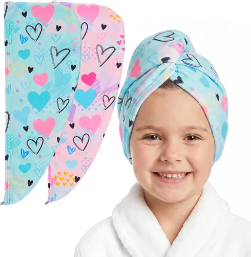 Basumee Toalla Envolvente de Microfibra para el Cabello para Niños Paquete de 2 Toallas de Cabello de Secado Rápido con Botón Turbantes para Cabello