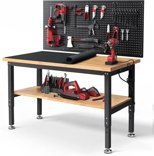 ENJOYWOOD Mesa de trabajo para garaje de 60 pulgadas Banco de trabajo con almacenamiento Altura ajustable Tablero de madera de goma Banco de trabajo