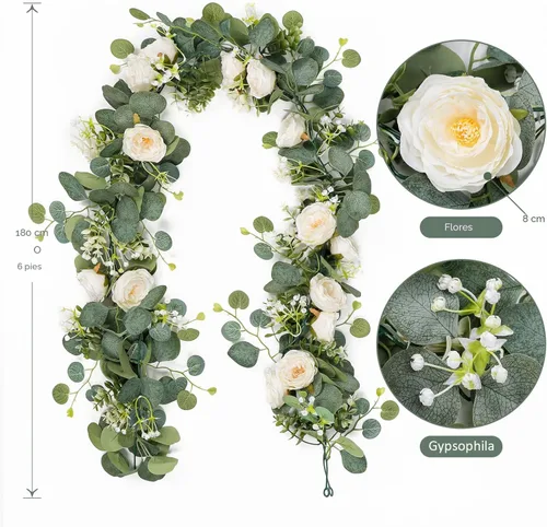 Miniatura 4 de TOCHGREEN Paquete de 4 Guirnaldas de Flores de Eucalipto Artificial con Rosas Blancas, Guirnalda de Flores de Rosa Falsa Vegetación Enredaderas