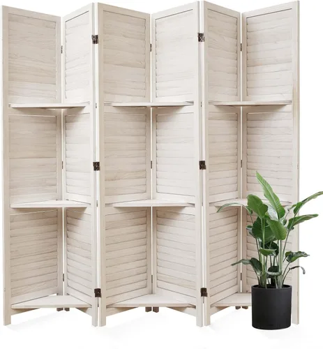 Miniatura 14 de Divisores de habitación, pantalla plegable de privacidad de madera de 67 x 51 pulgadas con tres estantes de exhibición, adecuado para oficina