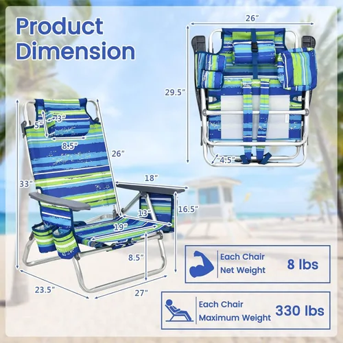 Miniatura 3 de Tangkula Juego de 2 Sillas de Playa con Mochila, Sillas de Playa Reclinables de 5 Posiciones que se Recuestan Completamente con Bolsa Refrigeradora