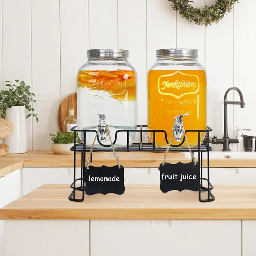 Miniatura 6 de Paquete de 2 dispensadores de bebidas de vidrio de 1 galón para fiestas - Dispensador de bebidas a prueba de fugas con soporte, grifo, cilindro