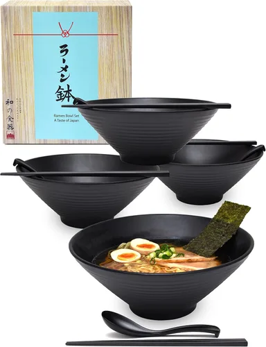 APEX S.K. 4 juegos (12 piezas) de 57 onzas grandes de fideos japoneses para sopa de fideos de ramen japonés de melamina con cuchara a juego y