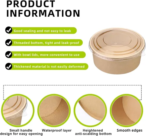 Miniatura 3 de Paquete de 50 cuencos redondos de papel kraft desechables de 37 onzas, recipientes desechables con tapas para ensalada dietética, helado, yogur