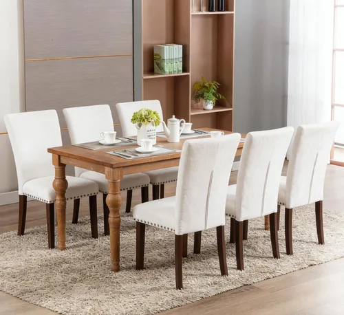 Miniatura 14 de Juego de 2 sillas tapizadas color beige para comedor – Sillas de cocina estilo granja con respaldo alto, patas de caucho sólido, asiento de espuma