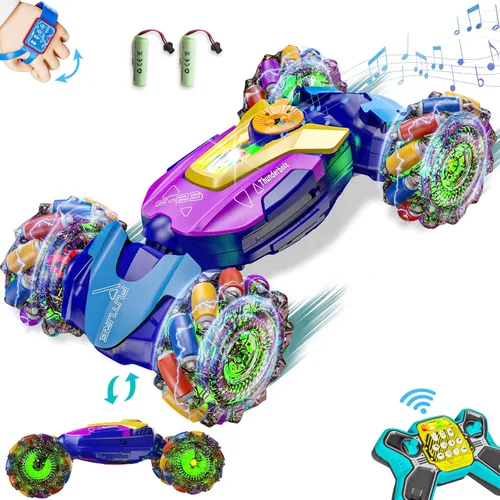 Coche de acrobacias RC con detección de gestos, juguetes de coche de control remoto para edades 5-7-13, con luces, música y rociador, 4WD, giros de