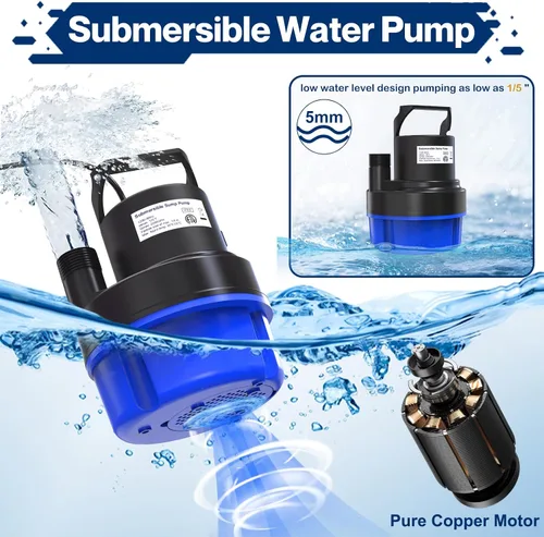 Miniatura 5 de AgiiMan Bomba de agua sumergible de 1/2 HP, bomba de sumidero portátil de 2200 GPH para drenaje de piscina, bomba de cubierta de piscina con cable