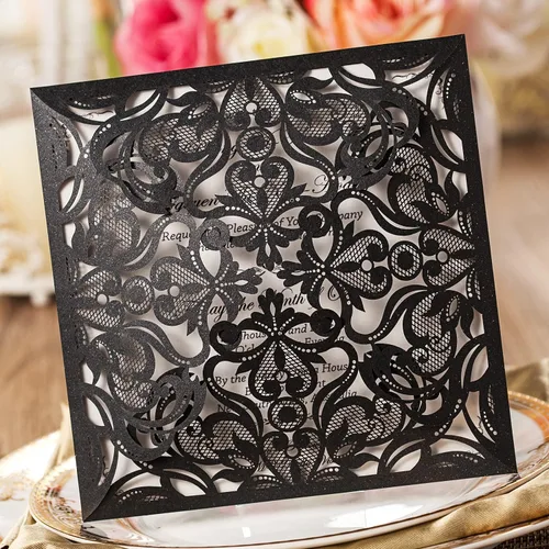 Miniatura 3 de Hosmsua 50 tarjetas de invitación de boda negras cortadas con láser con sobres, invitaciones de rosa hueca de 6.3 x 6.3 pulgadas para boda
