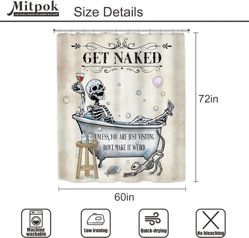 Miniatura 7 de Cortina de Ducha Divertida de Calavera Esqueleto de Halloween 60Wx72H Gótica Espeluznante Única Genial Hueso en Bañera Burbujas Horror Gato Pez