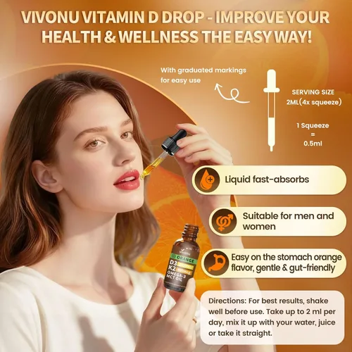 Miniatura 7 de VivoNu Gotas de vitamina D3 K2, D3 20000 UI y K2 como MK-7 400mcg con magnesio, calcio, zinc y Omega 3 para inmune*, estado de ánimo*, hueso* salud