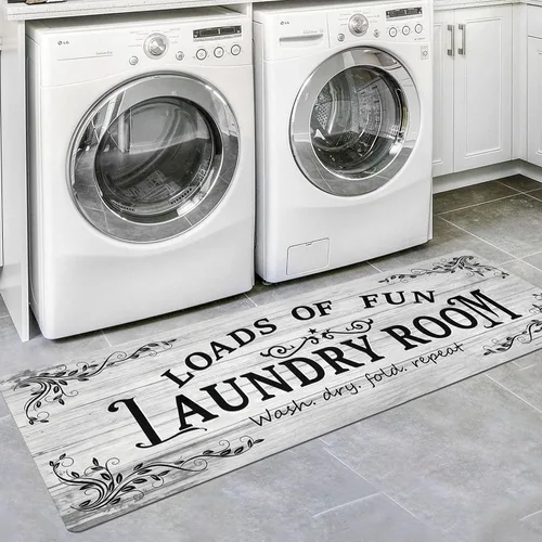 Lansny Alfombra de lavandería de 20 x 60 pulgadas, antideslizante, impermeable, para decoración de cuarto de servicio, lavable, alfombra de Gris