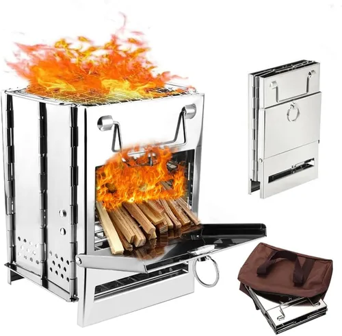 Miniatura 8 de Estufa de leña plegable para acampar con parrilla, estufa de campamento plegable para mochileros, estufa de supervivencia de acero inoxidable