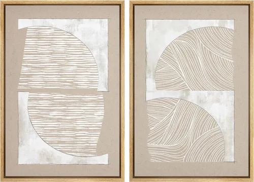 Miniatura 46 de SIGNWIN Lienzo enmarcado para pared, juego de arte de collage de ondas en espiral de mediados de siglo, formas abstractas, acogedor, neutro