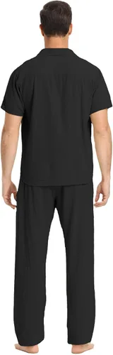 Miniatura 14 de RPOVIG Conjunto de camisa de lino y pantalones: conjuntos de lino de 2 piezas para hombre, camisas de manga corta, pantalones de yoga, trajes