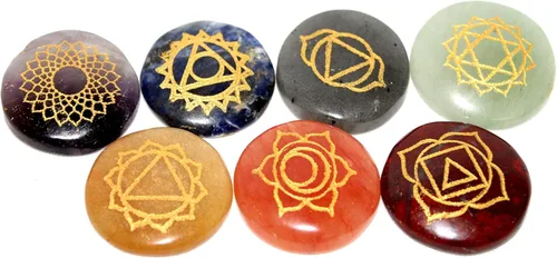 Jet 7 Chakra Reiki Set Grabado Redondo para Curar Chakra Equilibrio Meditación, Vibraciones Positivas