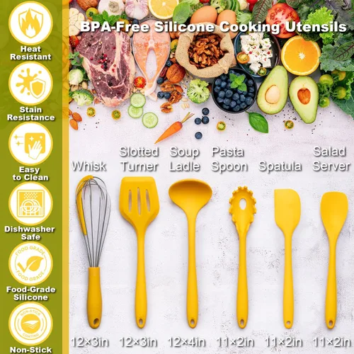 Miniatura 4 de Organizador de utensilios de cocina de girasol con juego de utensilios de cocina de silicona, 6 piezas, soporte para recipiente, decoración