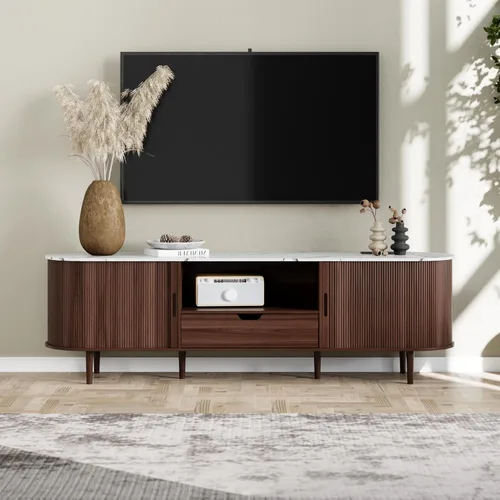 Miniatura 17 de DHH Soporte de TV acanalado de 71 pulgadas con toma de corriente para televisores de hasta 80 pulgadas, consola de TV con estantes ajustables y Negro