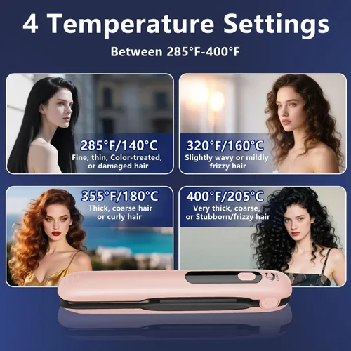 Miniatura 5 de Alisador y rizador de pelo inalámbrico 2 en 1, incluye bolsa de transporte, mini alisador de pelo de viaje con pantalla LCD, carga USB-C, 4 modos